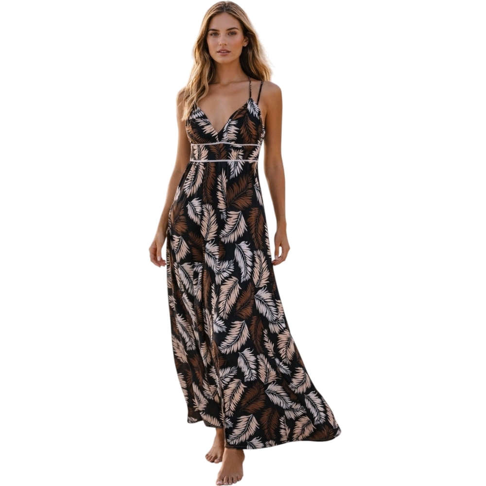 Intrigue Tropical Leaf Print Halter Maxi Dress Black Brown Resort Vacation Sz M